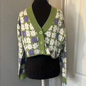 Madeline & Monroe Floral Button-Up Crop Cardigan Size Large Groovy EUC